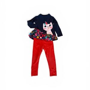 Kids Navy Cat Print Top and Red Leggings 2T